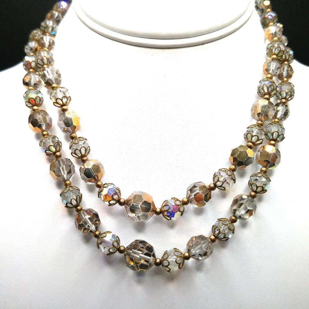 Vintage Double Strand Crystal Bead Necklace AB Gold Filigree 17”